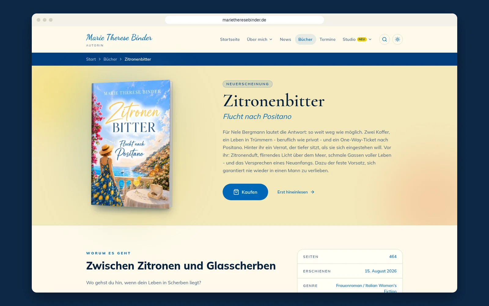 Buchseite „Zitronenbitter“ auf marietheresebinder.de