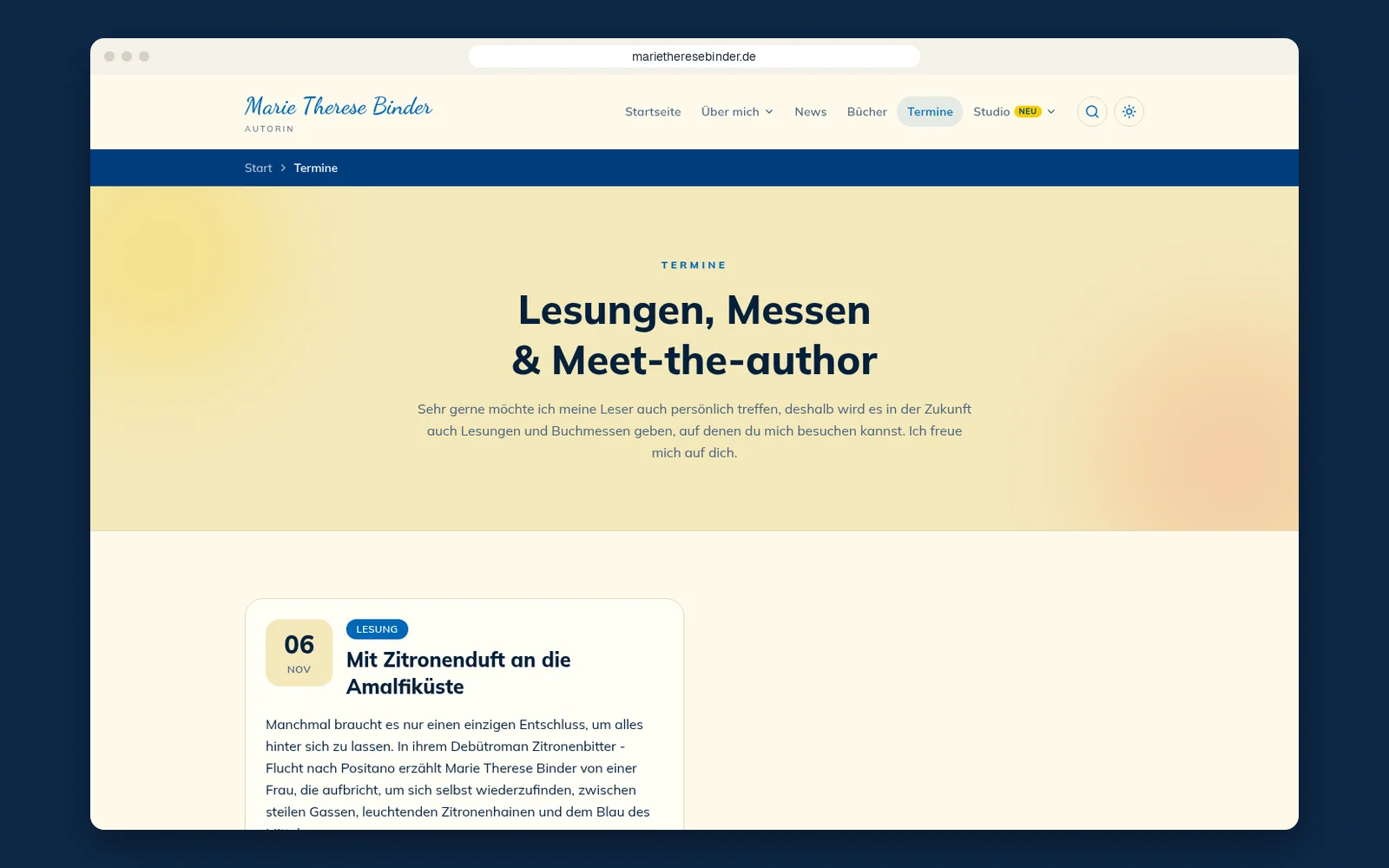 Terminseite mit Lesungen auf marietheresebinder.de