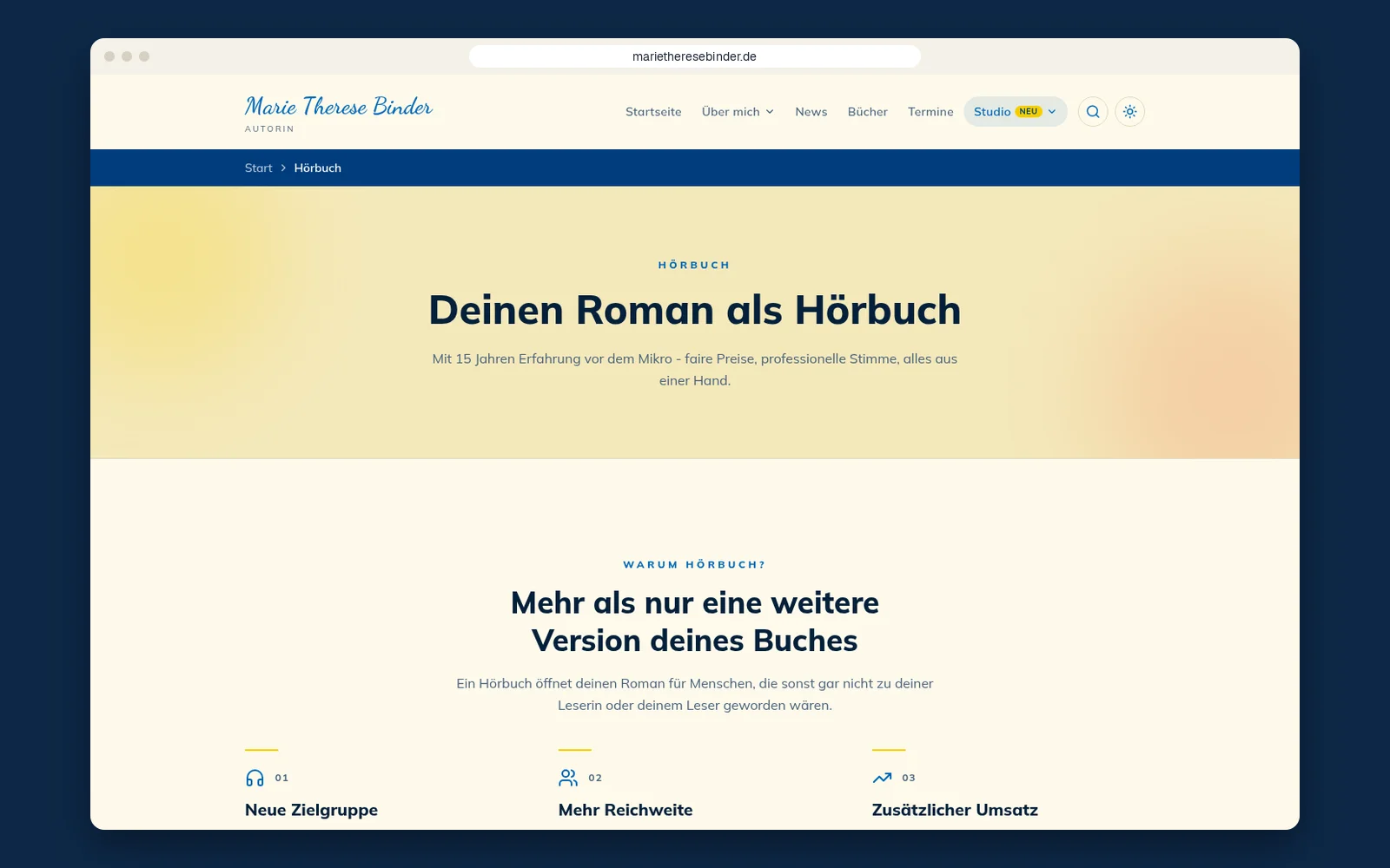 Hörbuch-Seite auf marietheresebinder.de